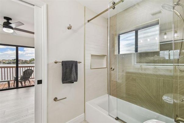 Bathroom, Glass Shower, Interior, Wood Texture Flooring