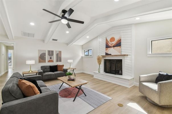 Fireplace, Interior, Living room, Recessed Lighting, Wood Texture Flooring