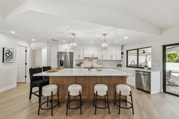 Interior, Kitchen, Pendant Lights, Recessed Lighting, Stainless Steel Appliances, Wood Texture Flooring
