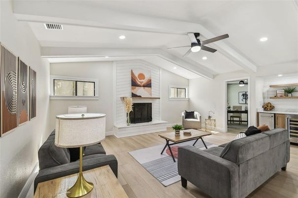Fireplace, Interior, Living room, Recessed Lighting, Wood Texture Flooring
