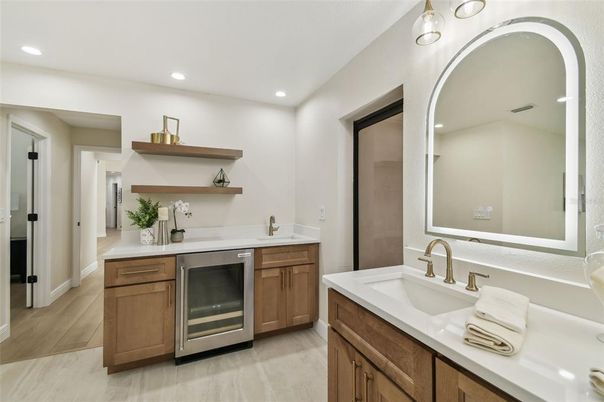Bathroom, Dual Sink Vanities, Interior, Recessed Lighting, Wood Texture Flooring