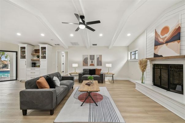 Fireplace, Interior, Living room, Recessed Lighting, Wood Texture Flooring