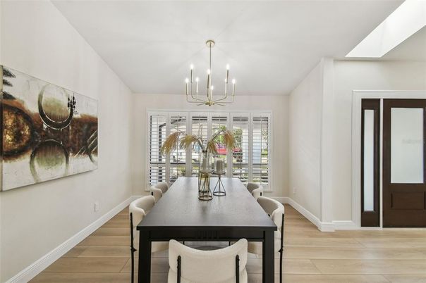 Dining room, Interior, Pendant Lights, Wood Texture Flooring