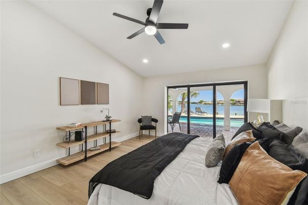Bedroom, Interior, Recessed Lighting, Water, Wood Texture Flooring