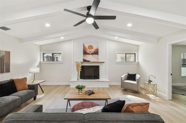 Fireplace, Interior, Living room, Recessed Lighting, Wood Texture Flooring