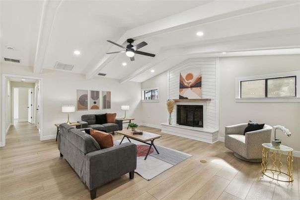 Fireplace, Interior, Living room, Recessed Lighting, Wood Texture Flooring