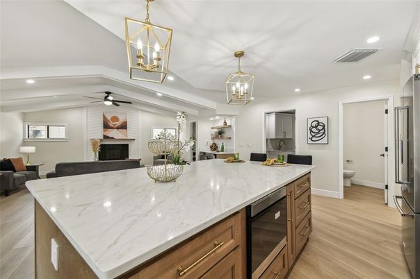 Fireplace, Interior, Kitchen, Pendant Lights, Recessed Lighting, Wood Texture Flooring