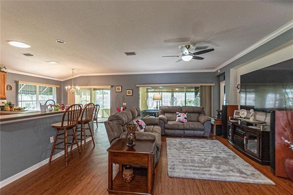 Chandelier, Dining room, Interior, Kitchen, Living room, Recessed Lighting, Wood Texture Flooring
