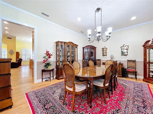 Chandelier, Dining room, Interior, Recessed Lighting, Wood Texture Flooring