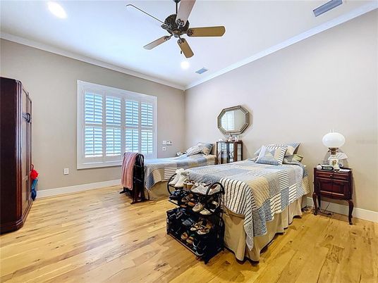 Bedroom, Interior, Recessed Lighting, Wood Texture Flooring