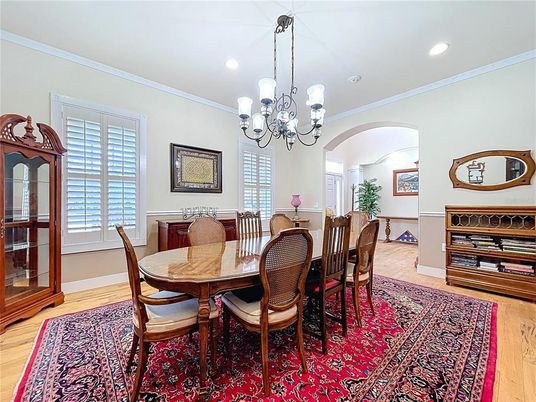 Chandelier, Dining room, Interior, Recessed Lighting, Wood Texture Flooring