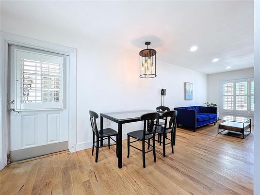 Dining room, Interior, Living room, Pendant Lights, Recessed Lighting, Wood Texture Flooring