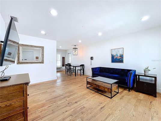 Dining room, Interior, Living room, Pendant Lights, Recessed Lighting, Wood Texture Flooring