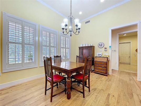 Chandelier, Dining room, Interior, Recessed Lighting, Wood Texture Flooring