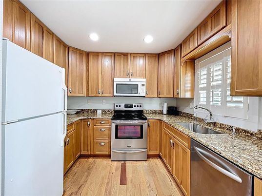 Interior, Kitchen, Recessed Lighting, Stainless Steel Appliances, Wood Texture Flooring