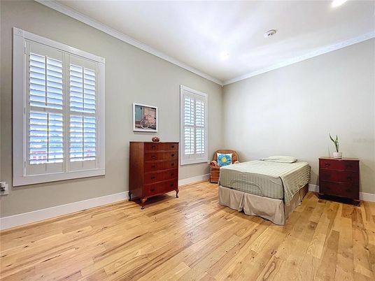 Bedroom, Interior, Recessed Lighting, Wood Texture Flooring