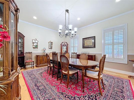 Chandelier, Dining room, Interior, Recessed Lighting, Wood Texture Flooring
