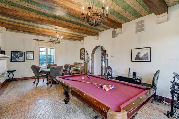 Billiard Table, Chandelier, Game Room, Interior, Wooden Beams, Wooden Ceilings