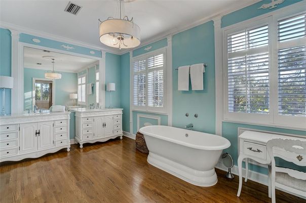 Bathroom, Dual Sink Vanities, Free Standing Baths, Interior, Pendant Lights, Wood Texture Flooring