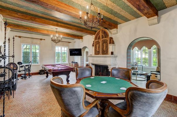 Billiard Table, Chandelier, Fireplace, Game Room, Interior, Wooden Beams