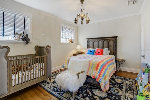 Bedroom, Chandelier, Interior, Wood Texture Flooring