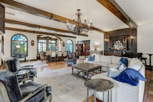 Chandelier, Dining room, Interior, Living room, Wooden Beams