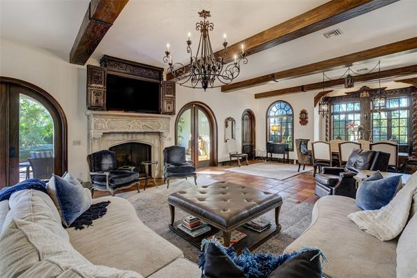 Chandelier, Dining room, Fireplace, Interior, Living room, Wooden Beams