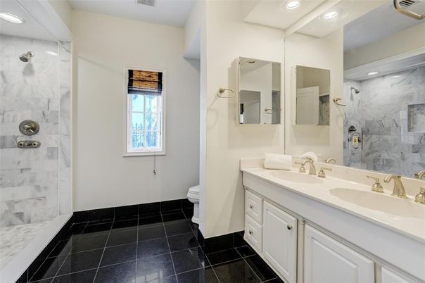 Bathroom, Dual Sink Vanities, Interior, Marble Walls, Recessed Lighting