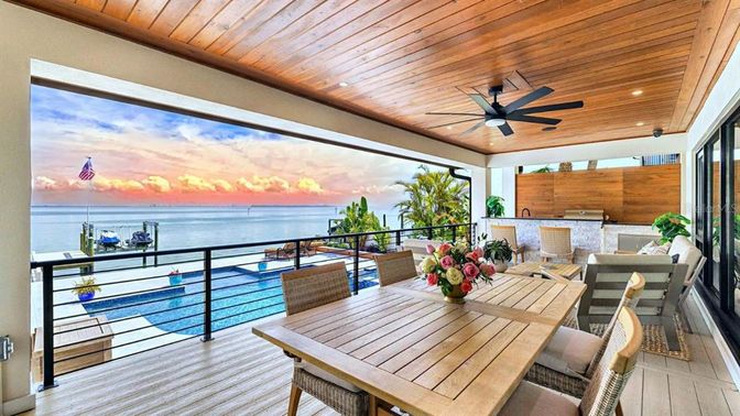 Dining room, Interior, Recessed Lighting, Water, Wooden Ceilings, Wood Texture Flooring