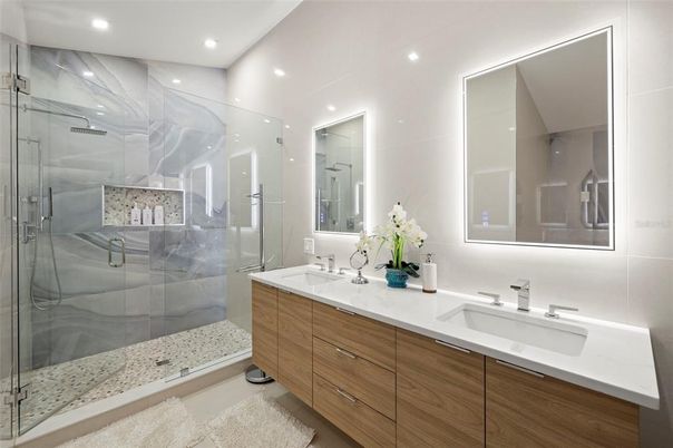 Bathroom, Dual Sink Vanities, Glass Shower, Interior, Recessed Lighting