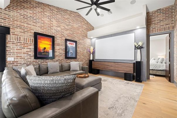 Bedroom, Interior, Living room, Recessed Lighting, Stone Walls, Wood Texture Flooring