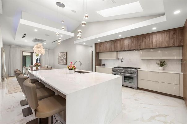 Interior, Kitchen, Marble, Pendant Lights, Recessed Lighting, Stainless Steel Appliances