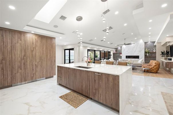 Fireplace, Interior, Kitchen, Living room, Marble, Marble Walls, Pendant Lights, Recessed Lighting