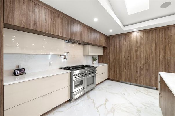 Interior, Kitchen, Marble, Recessed Lighting, Stainless Steel Appliances
