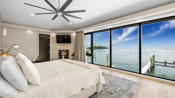 Bedroom, Interior, Recessed Lighting, Stone Walls, Water, Wood Texture Flooring