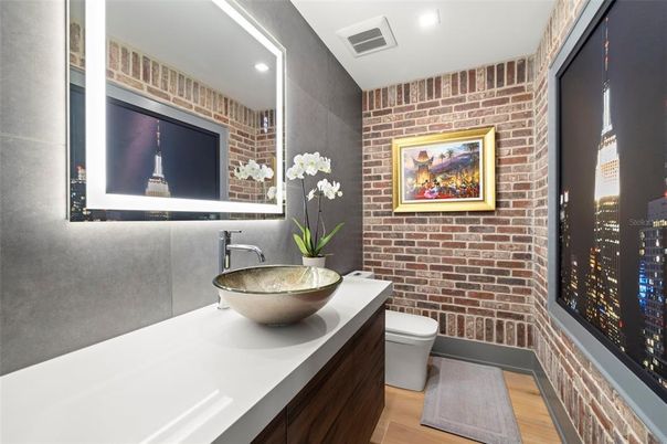 Bathroom, Interior, Recessed Lighting, Stone Walls, Wood Texture Flooring