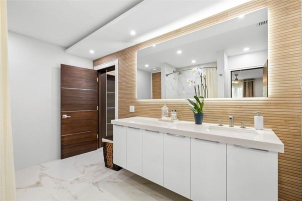 Bathroom, Dual Sink Vanities, Interior, Marble, Recessed Lighting