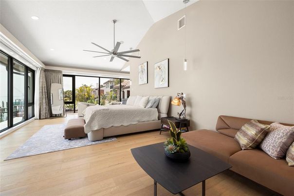 Bedroom, Interior, Pendant Lights, Recessed Lighting, Wood Texture Flooring