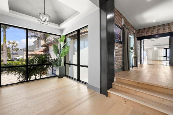 Interior, Pendant Lights, Recessed Lighting, Stone Walls, Wood Texture Flooring