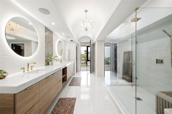 Bathroom, Chandelier, Dual Sink Vanities, Glass Shower, Interior, Recessed Lighting