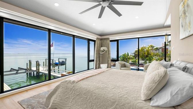 Bedroom, Interior, Recessed Lighting, Water, Wood Texture Flooring