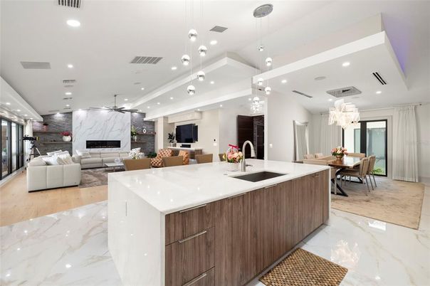 Dining room, Fireplace, Interior, Kitchen, Living room, Marble, Pendant Lights, Recessed Lighting
