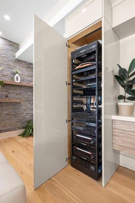 Interior, Recessed Lighting, Stone Walls, Wine Storage, Wood Texture Flooring