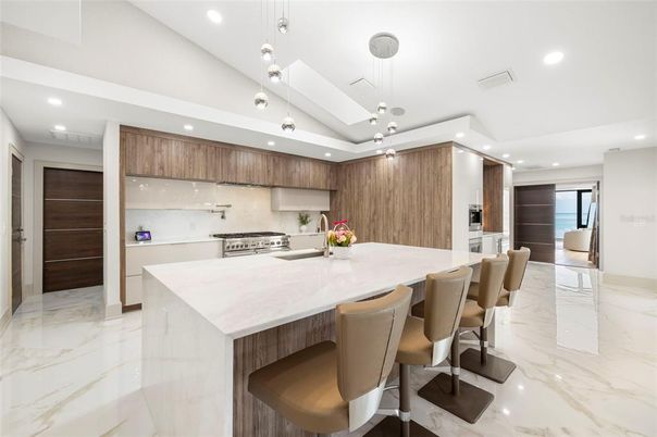 Interior, Kitchen, Marble, Pendant Lights, Recessed Lighting, Stainless Steel Appliances