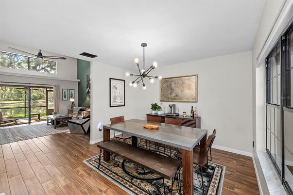 Dining room, Interior, Living room, Pendant Lights, Wood Texture Flooring