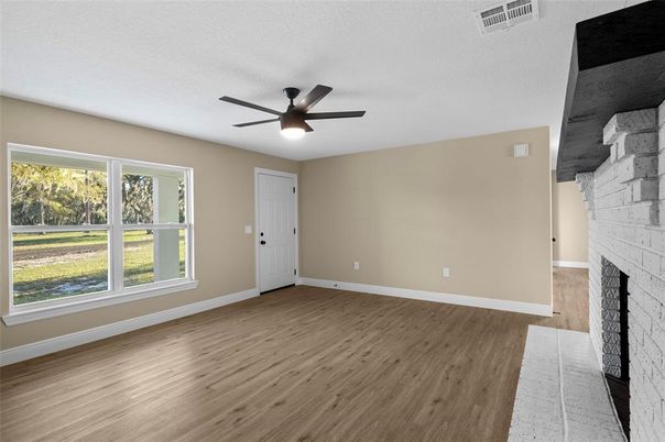 Empty room, Fireplace, Interior, Stone Walls, Wood Texture Flooring