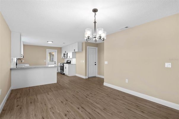 Chandelier, Interior, Kitchen, Recessed Lighting, Wood Texture Flooring