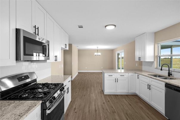 Chandelier, Interior, Kitchen, Stainless Steel Appliances, Wood Texture Flooring