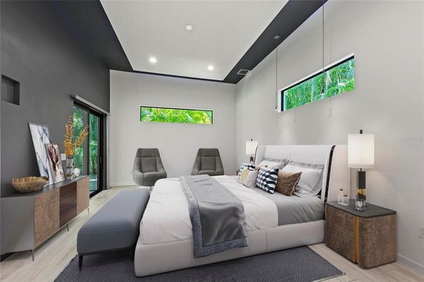 Bedroom, Interior, Recessed Lighting, Wood Texture Flooring