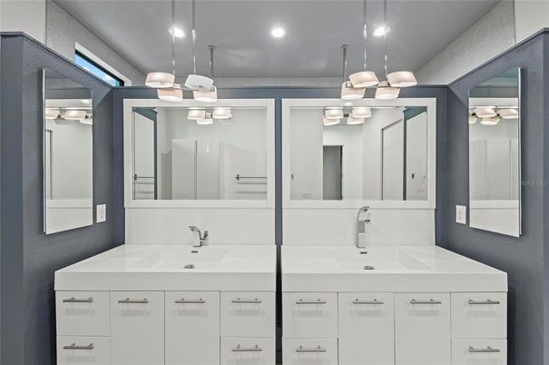 Bathroom, Dual Sink Vanities, Interior, Pendant Lights, Recessed Lighting